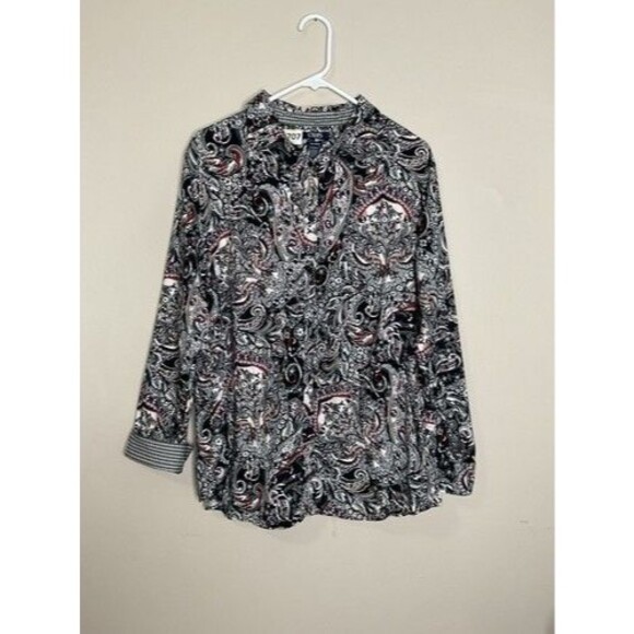 Chaps Black/White Multi Paisley Print No Iron Button Up Shirt Women Size 2X - Picture 9 of 10